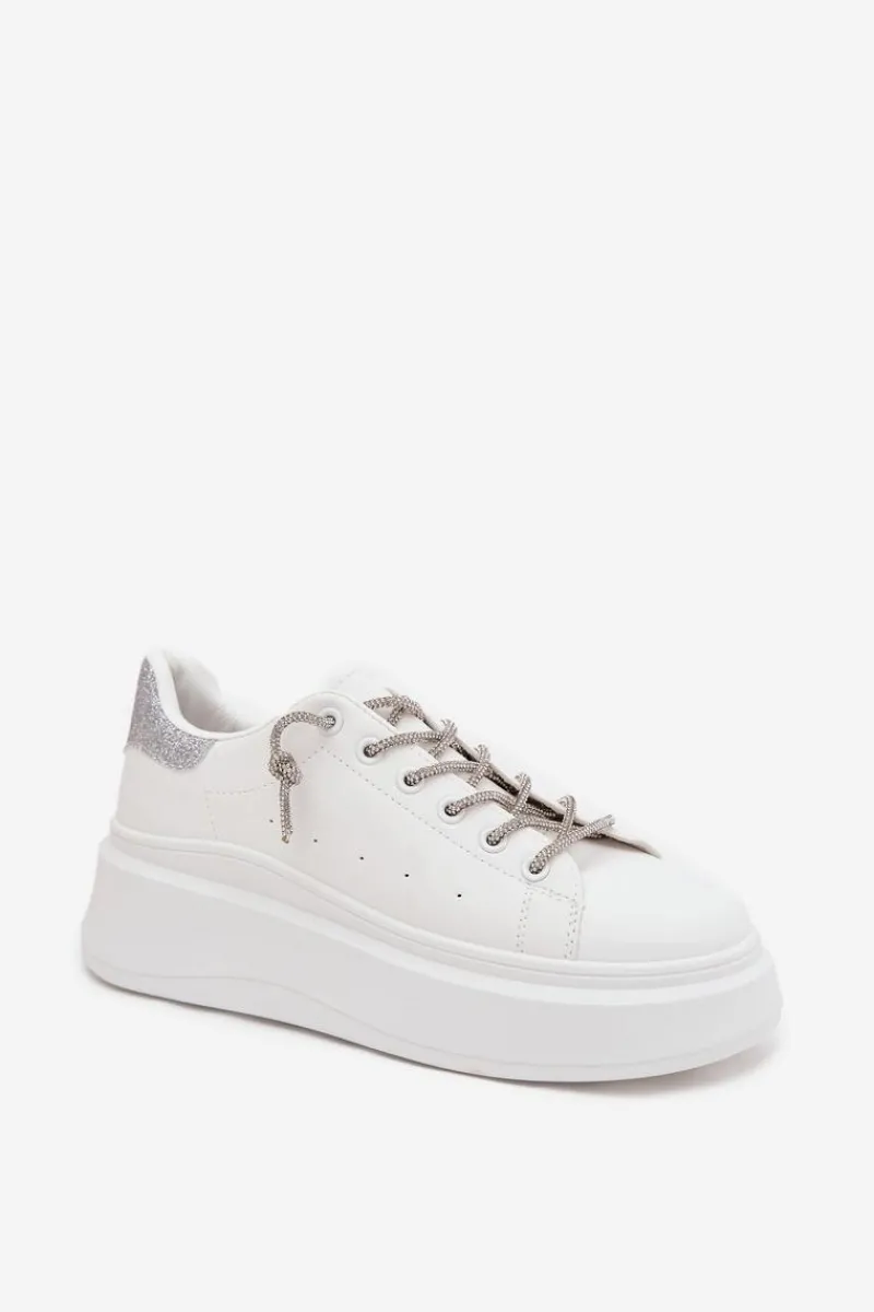 Discount Sneakersy Damskie Na Platformie Z Ozdobnym Sznurowaniem I Brokatem Białe Belmira Damskie Buty Sportowe Na Platformie|Sneakersy Damskie