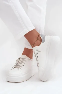 Discount Sneakersy Damskie Na Platformie Z Ozdobnym Sznurowaniem I Brokatem Białe Belmira Damskie Buty Sportowe Na Platformie|Sneakersy Damskie