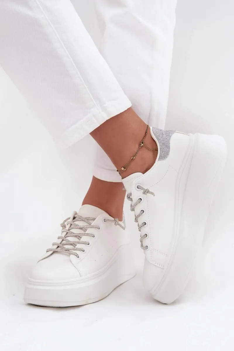 Discount Sneakersy Damskie Na Platformie Z Ozdobnym Sznurowaniem I Brokatem Białe Belmira Damskie Buty Sportowe Na Platformie|Sneakersy Damskie