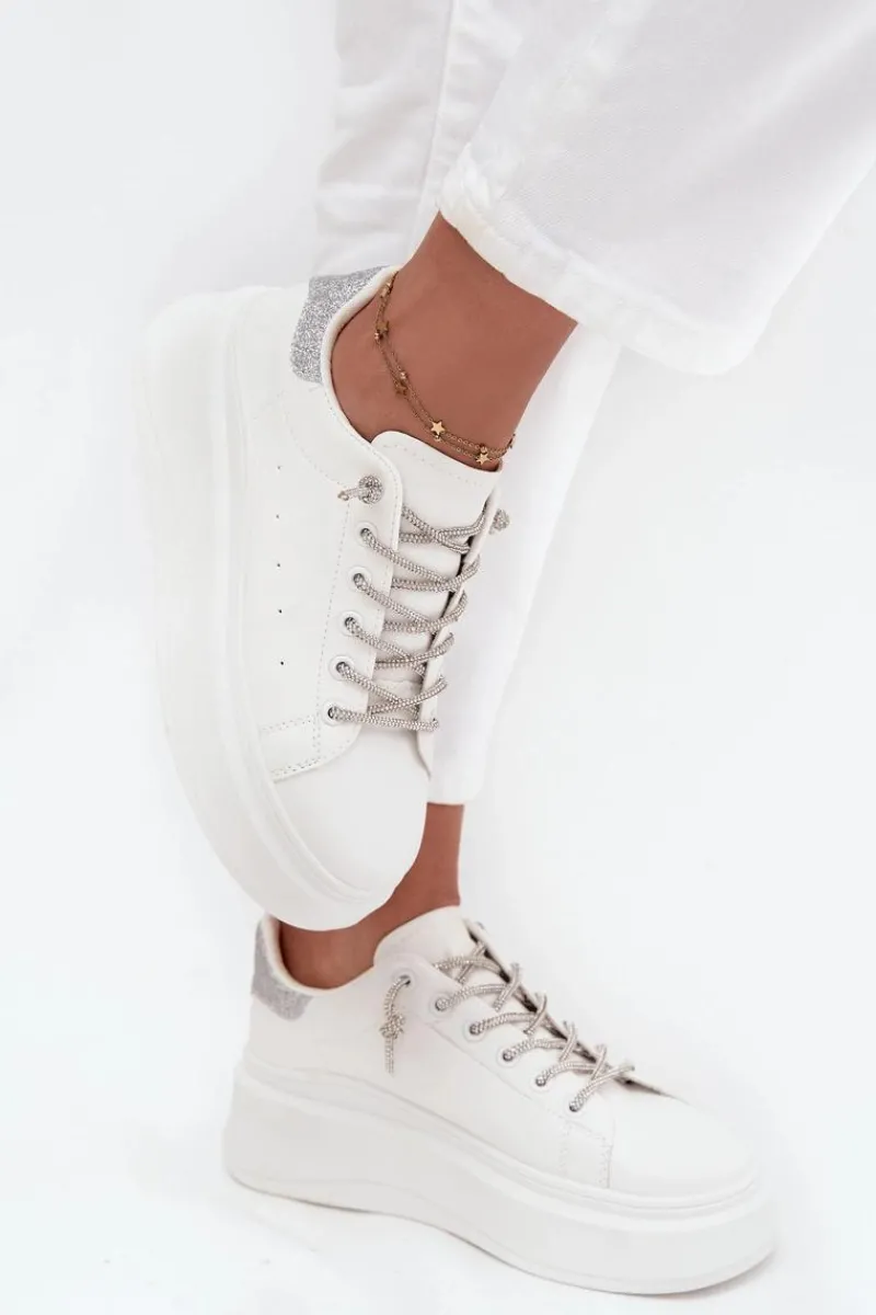 Discount Sneakersy Damskie Na Platformie Z Ozdobnym Sznurowaniem I Brokatem Białe Belmira Damskie Buty Sportowe Na Platformie|Sneakersy Damskie