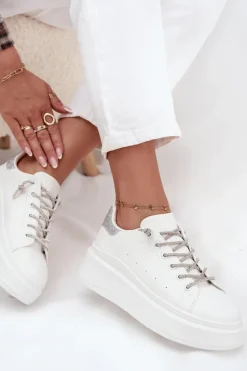 Discount Sneakersy Damskie Na Platformie Z Ozdobnym Sznurowaniem I Brokatem Białe Belmira Damskie Buty Sportowe Na Platformie|Sneakersy Damskie