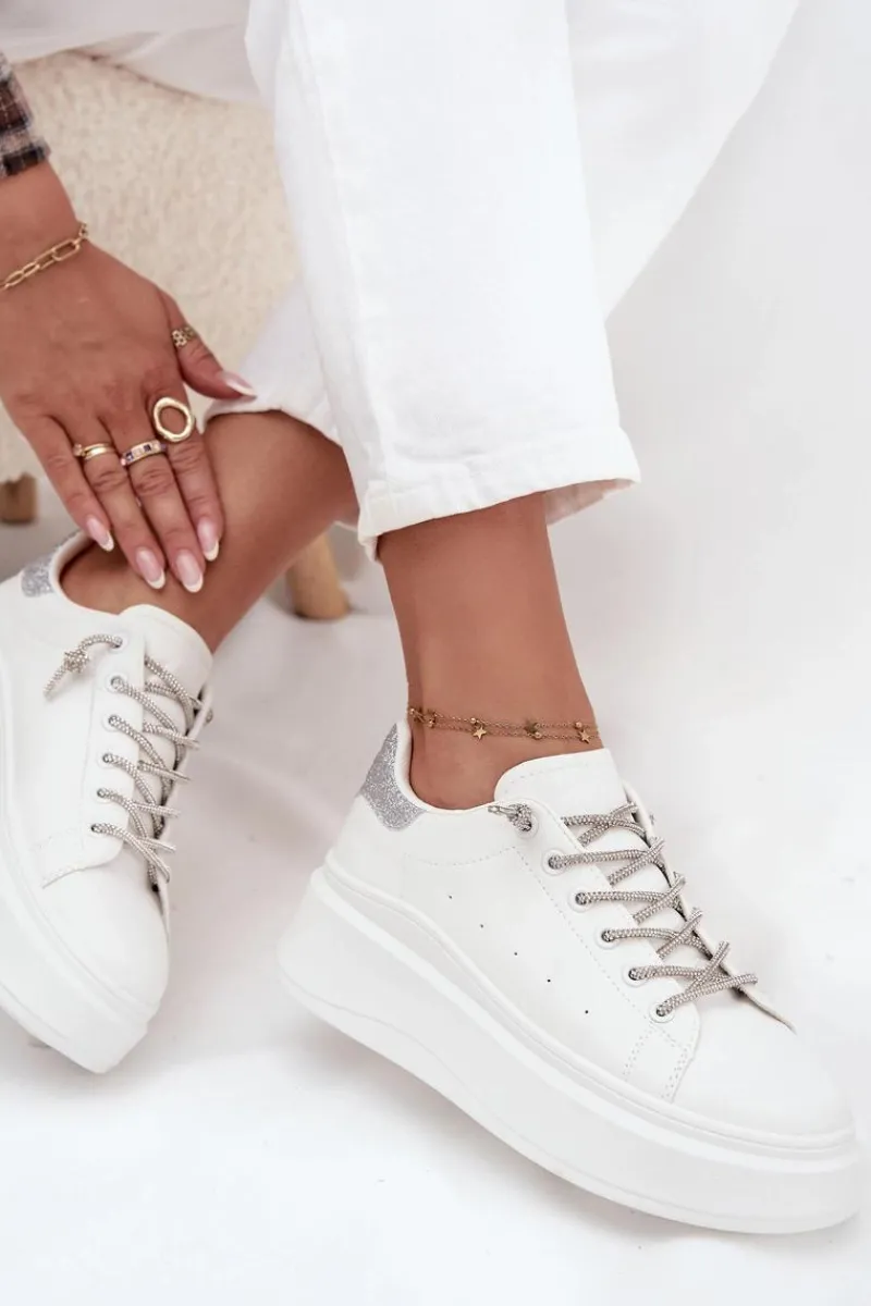 Discount Sneakersy Damskie Na Platformie Z Ozdobnym Sznurowaniem I Brokatem Białe Belmira Damskie Buty Sportowe Na Platformie|Sneakersy Damskie