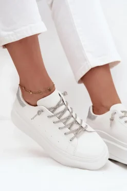 Discount Sneakersy Damskie Na Platformie Z Ozdobnym Sznurowaniem I Brokatem Białe Belmira Damskie Buty Sportowe Na Platformie|Sneakersy Damskie