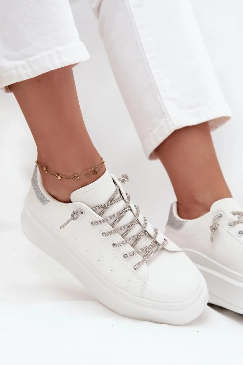Discount Sneakersy Damskie Na Platformie Z Ozdobnym Sznurowaniem I Brokatem Białe Belmira Damskie Buty Sportowe Na Platformie|Sneakersy Damskie