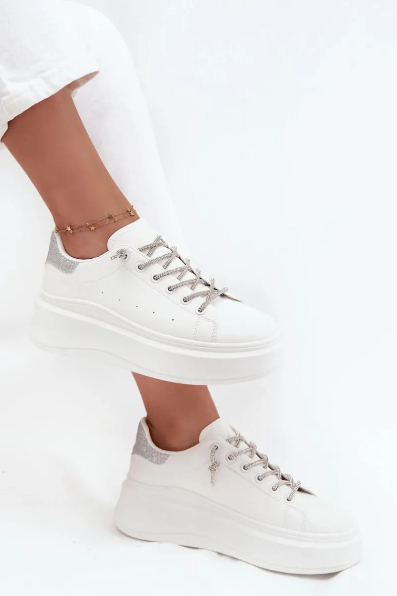 Discount Sneakersy Damskie Na Platformie Z Ozdobnym Sznurowaniem I Brokatem Białe Belmira Damskie Buty Sportowe Na Platformie|Sneakersy Damskie