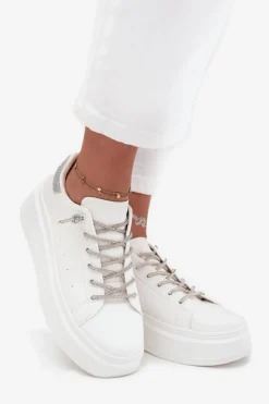 Discount Sneakersy Damskie Na Platformie Z Ozdobnym Sznurowaniem I Brokatem Białe Belmira Damskie Buty Sportowe Na Platformie|Sneakersy Damskie