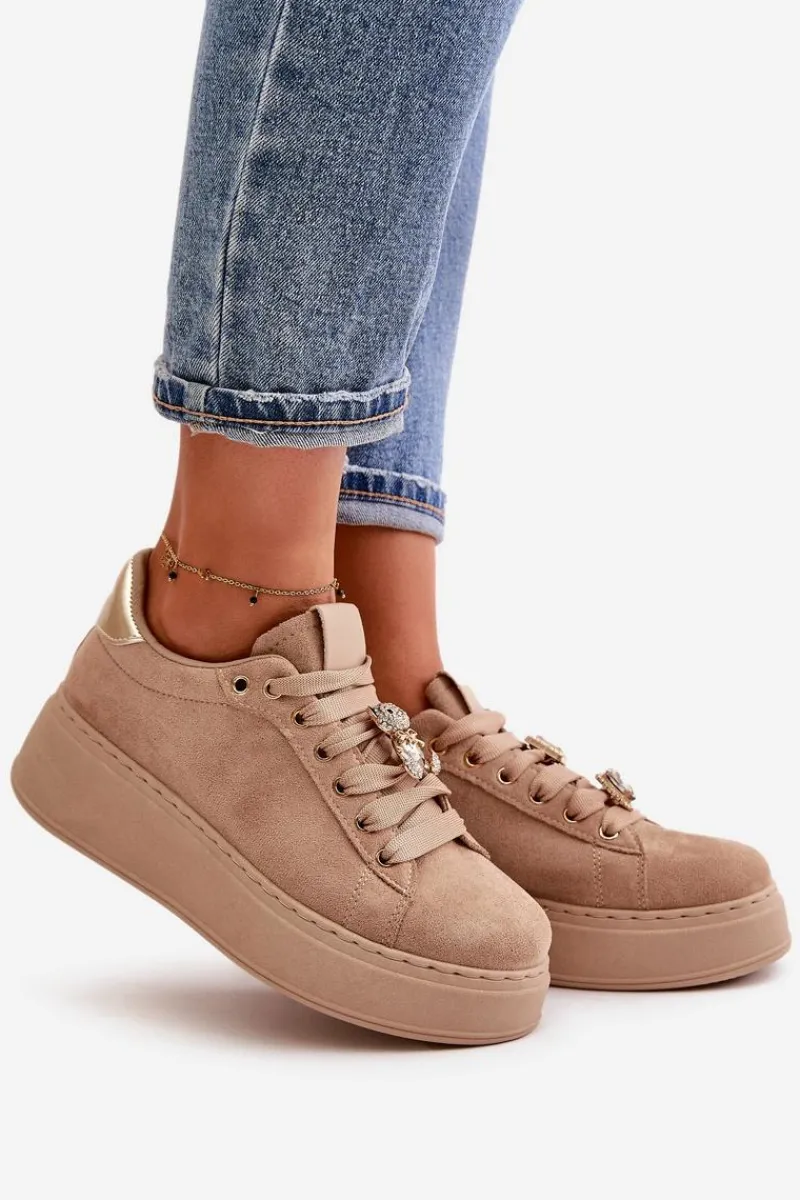 Sale Sneakersy Damskie Na Platformie Z Misiem Beżowe Vailina Damskie Buty Sportowe Na Platformie|Sneakersy Damskie