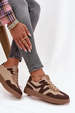 Best Boto Sneakersy Damskie Niskie Eko Skórzane Brązowe Givelle Brązowy