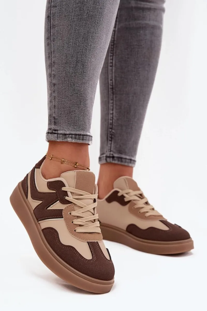 Best Boto Sneakersy Damskie Niskie Eko Skórzane Brązowe Givelle Brązowy