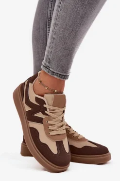 Best Boto Sneakersy Damskie Niskie Eko Skórzane Brązowe Givelle Brązowy