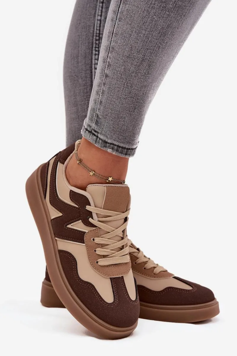 Best Boto Sneakersy Damskie Niskie Eko Skórzane Brązowe Givelle Brązowy