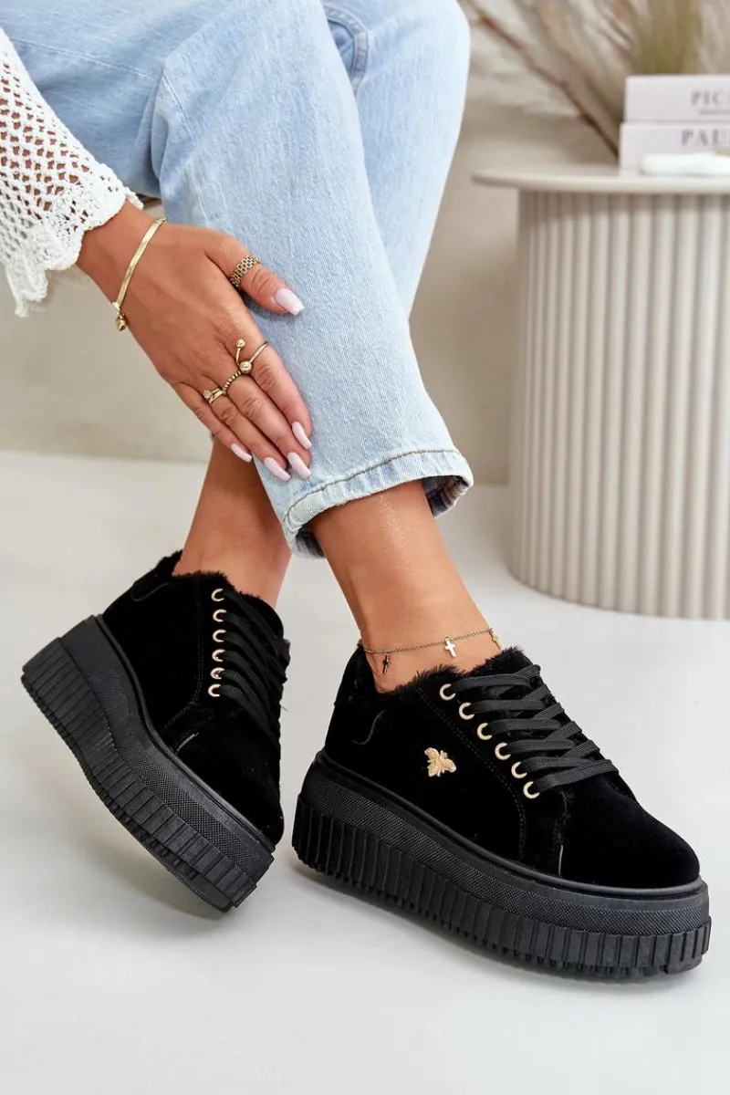 Sale Boto Sneakersy Damskie Ocieplane Na Masywnej Podeszwie Ze Złotym Detalem Czarne Lotira