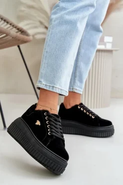 Sale Boto Sneakersy Damskie Ocieplane Na Masywnej Podeszwie Ze Złotym Detalem Czarne Lotira