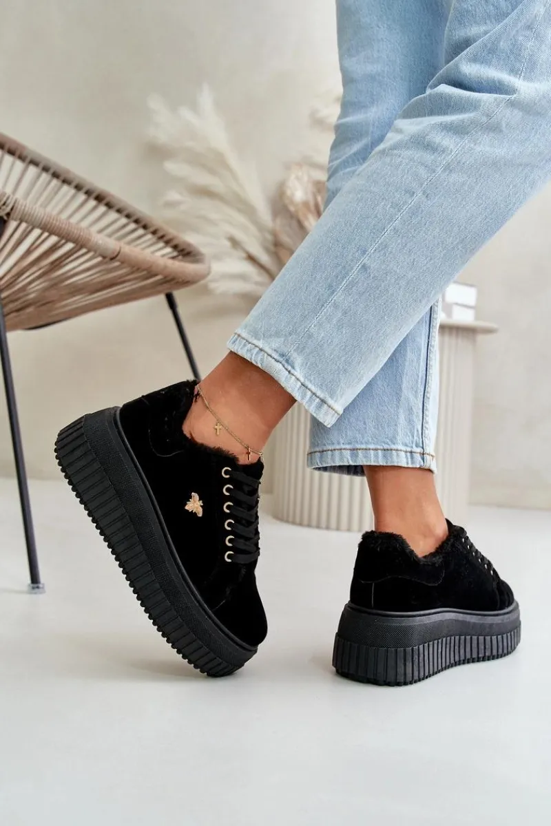 Sale Boto Sneakersy Damskie Ocieplane Na Masywnej Podeszwie Ze Złotym Detalem Czarne Lotira