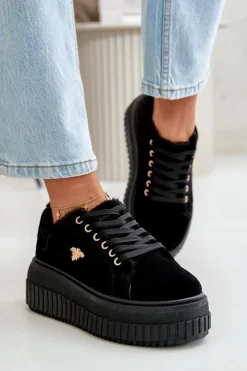 Sale Boto Sneakersy Damskie Ocieplane Na Masywnej Podeszwie Ze Złotym Detalem Czarne Lotira