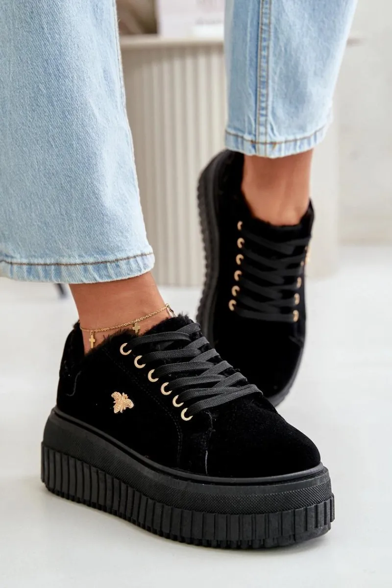 Sale Boto Sneakersy Damskie Ocieplane Na Masywnej Podeszwie Ze Złotym Detalem Czarne Lotira