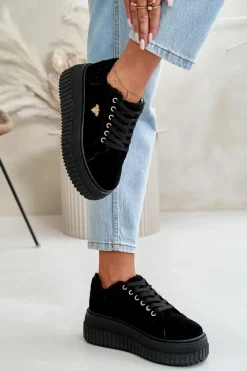 Sale Boto Sneakersy Damskie Ocieplane Na Masywnej Podeszwie Ze Złotym Detalem Czarne Lotira