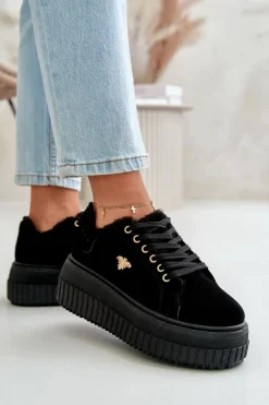 Sale Boto Sneakersy Damskie Ocieplane Na Masywnej Podeszwie Ze Złotym Detalem Czarne Lotira