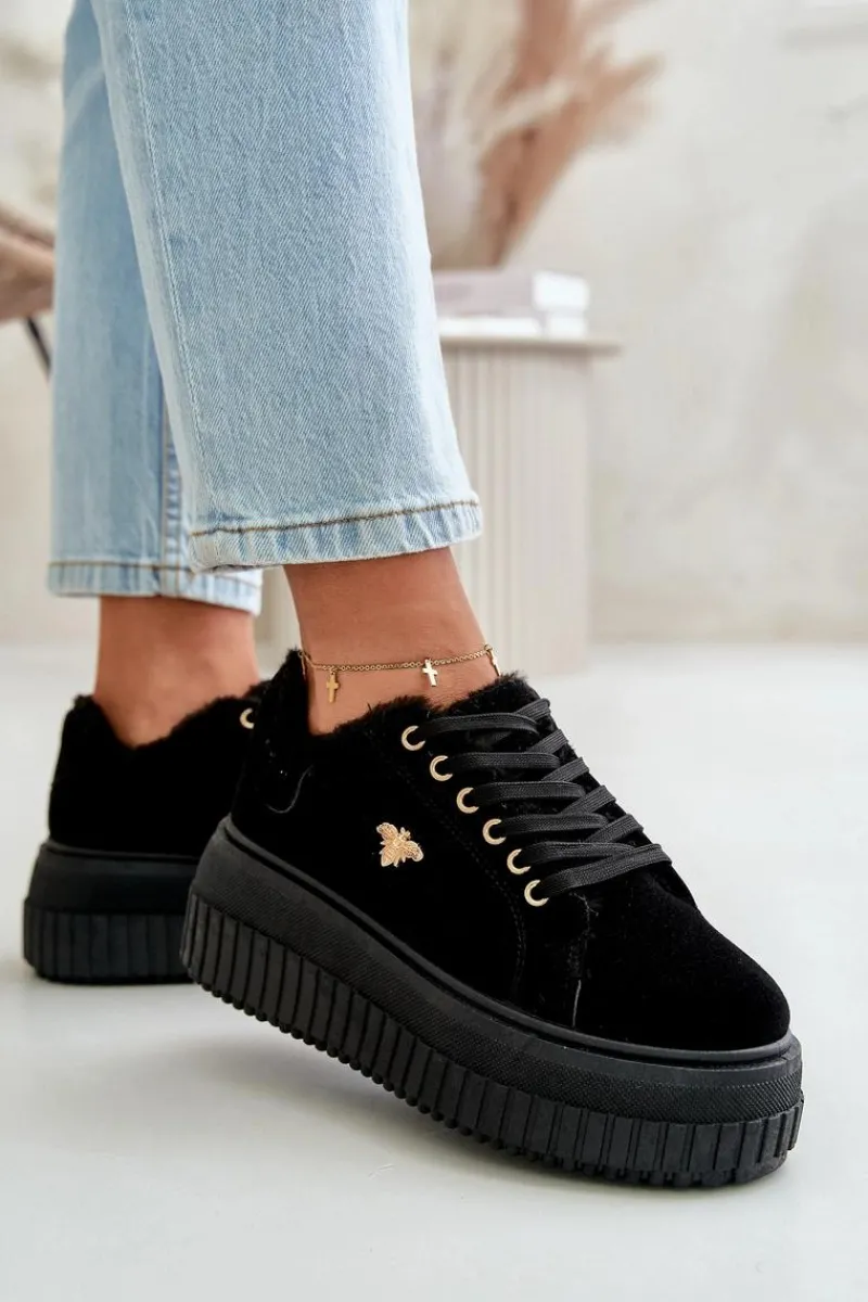 Sale Boto Sneakersy Damskie Ocieplane Na Masywnej Podeszwie Ze Złotym Detalem Czarne Lotira