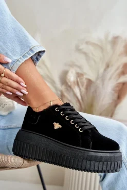 Sale Boto Sneakersy Damskie Ocieplane Na Masywnej Podeszwie Ze Złotym Detalem Czarne Lotira