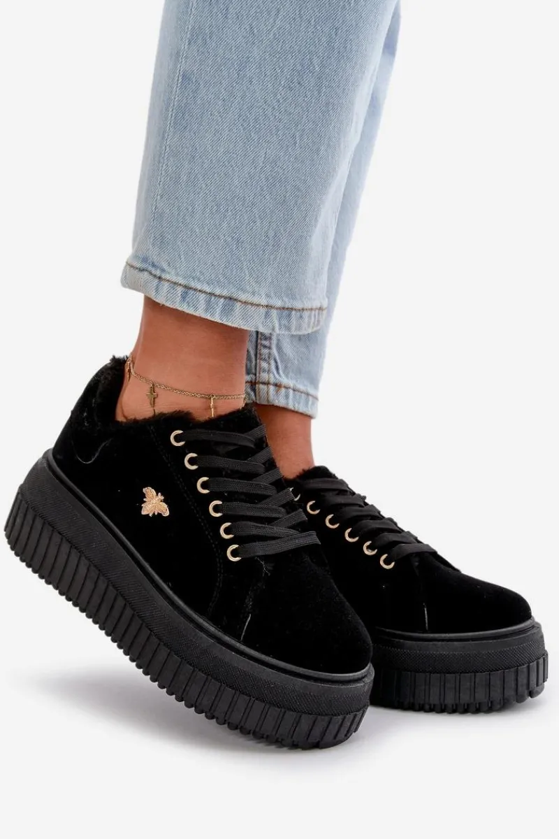 Sale Boto Sneakersy Damskie Ocieplane Na Masywnej Podeszwie Ze Złotym Detalem Czarne Lotira