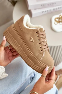 Sneakersy Damskie></noscript>Boto Sneakersy Damskie Ocieplane Na Masywnej Podeszwie Ze Złotym Detalem Brązowe Lotira