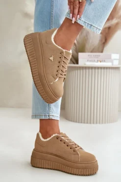 Sneakersy Damskie></noscript>Boto Sneakersy Damskie Ocieplane Na Masywnej Podeszwie Ze Złotym Detalem Brązowe Lotira