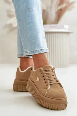 Sneakersy Damskie></noscript>Boto Sneakersy Damskie Ocieplane Na Masywnej Podeszwie Ze Złotym Detalem Brązowe Lotira