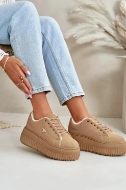Sneakersy Damskie></noscript>Boto Sneakersy Damskie Ocieplane Na Masywnej Podeszwie Ze Złotym Detalem Brązowe Lotira