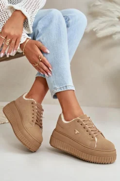 Sneakersy Damskie></noscript>Boto Sneakersy Damskie Ocieplane Na Masywnej Podeszwie Ze Złotym Detalem Brązowe Lotira