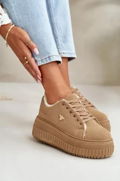 Sneakersy Damskie></noscript>Boto Sneakersy Damskie Ocieplane Na Masywnej Podeszwie Ze Złotym Detalem Brązowe Lotira