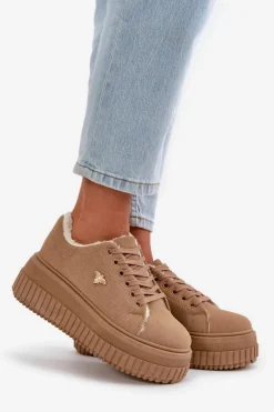 Sneakersy Damskie></noscript>Boto Sneakersy Damskie Ocieplane Na Masywnej Podeszwie Ze Złotym Detalem Brązowe Lotira