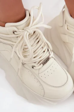 Discount Sneakersy Damskie Skóra Naturalna SS2N4037 Zgaszona Biel Damskie Sneakersy Damskie