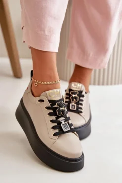 Buty Sportowe Na Platformie>CheBello Sneakersy Damskie Skórzane Z Przypinkami Na Platformie 4596 Beżowe