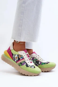 Outlet Maciejka Sneakersy Damskie Skórzane Na Platformie 06322-09 Zielono-Różowe