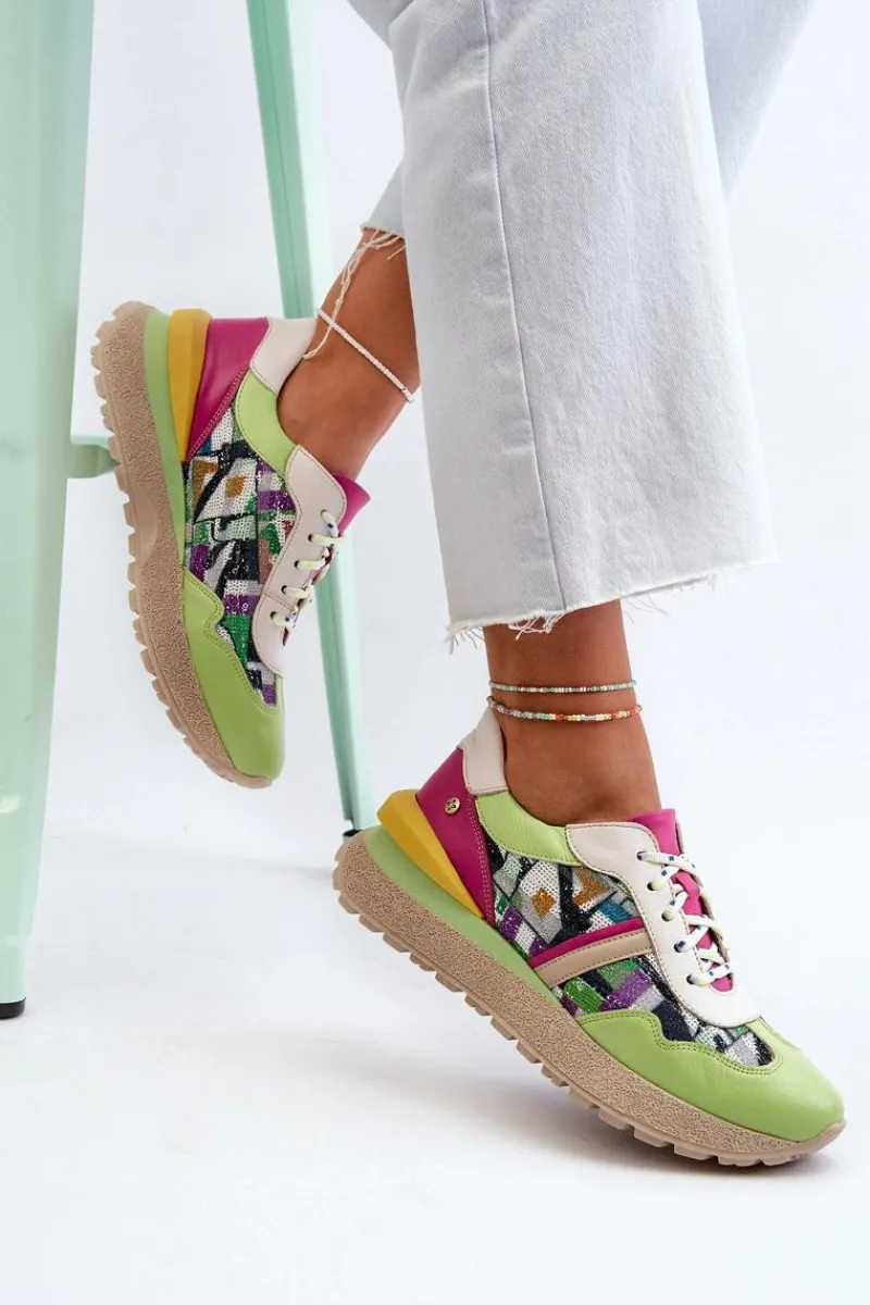 Outlet Maciejka Sneakersy Damskie Skórzane Na Platformie 06322-09 Zielono-Różowe