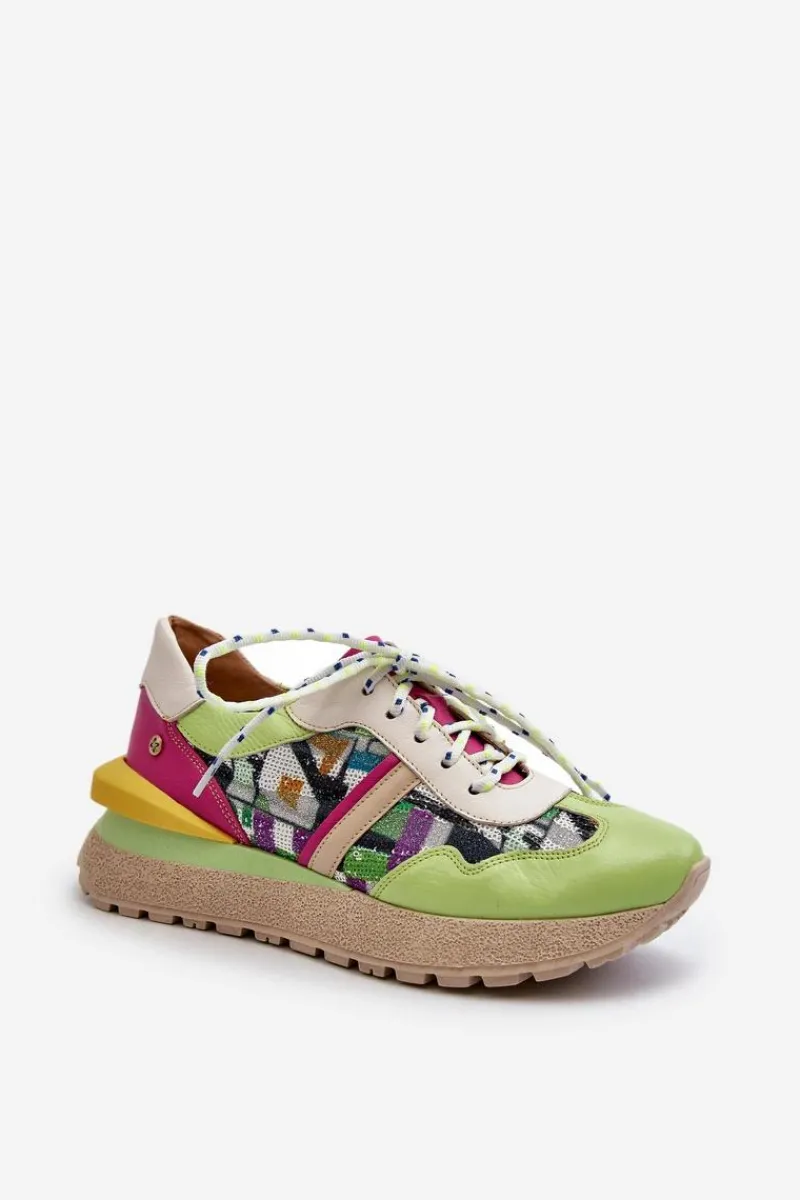 Outlet Maciejka Sneakersy Damskie Skórzane Na Platformie 06322-09 Zielono-Różowe