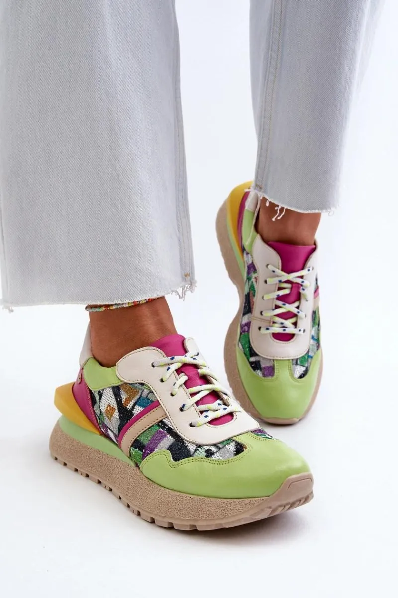 Outlet Maciejka Sneakersy Damskie Skórzane Na Platformie 06322-09 Zielono-Różowe