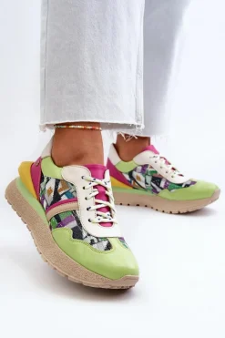 Outlet Maciejka Sneakersy Damskie Skórzane Na Platformie 06322-09 Zielono-Różowe