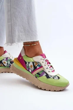 Outlet Maciejka Sneakersy Damskie Skórzane Na Platformie 06322-09 Zielono-Różowe