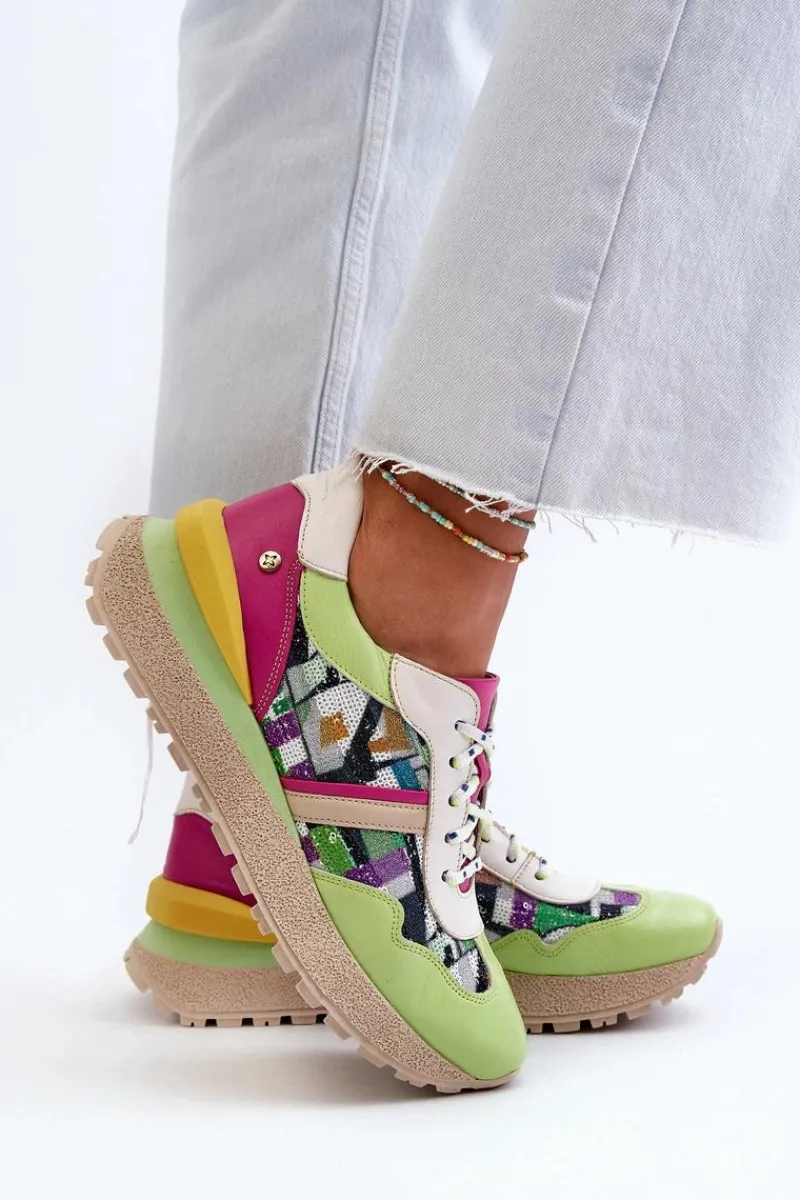 Outlet Maciejka Sneakersy Damskie Skórzane Na Platformie 06322-09 Zielono-Różowe