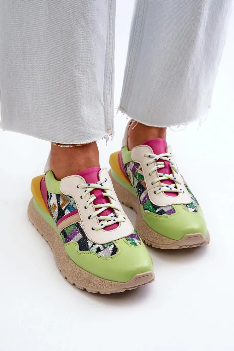 Outlet Maciejka Sneakersy Damskie Skórzane Na Platformie 06322-09 Zielono-Różowe