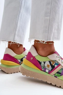 Outlet Maciejka Sneakersy Damskie Skórzane Na Platformie 06322-09 Zielono-Różowe