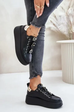 Buty Sportowe Na Platformie>CheBello Sneakersy Damskie Skórzane Z Przypinkami Na Platformie 4596 Czarne