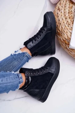 Sneakersy Damskie>Boto Sneakersy Damskie Ukryty Koturn Czarne Ferrer