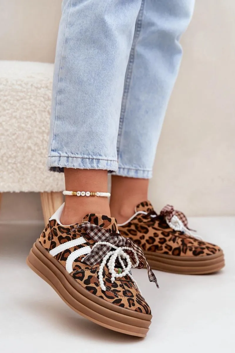 Buty Sportowe Na Platformie|Sneakersy Damskie>Boto Sneakersy Damskie W Panterkę Na Platformie Z Ozdobami Brązowe Vinness Brązowy