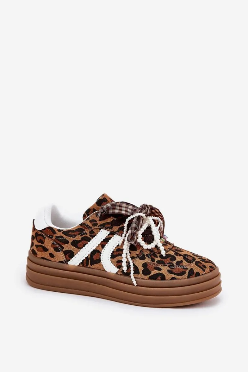 Buty Sportowe Na Platformie|Sneakersy Damskie>Boto Sneakersy Damskie W Panterkę Na Platformie Z Ozdobami Brązowe Vinness Brązowy