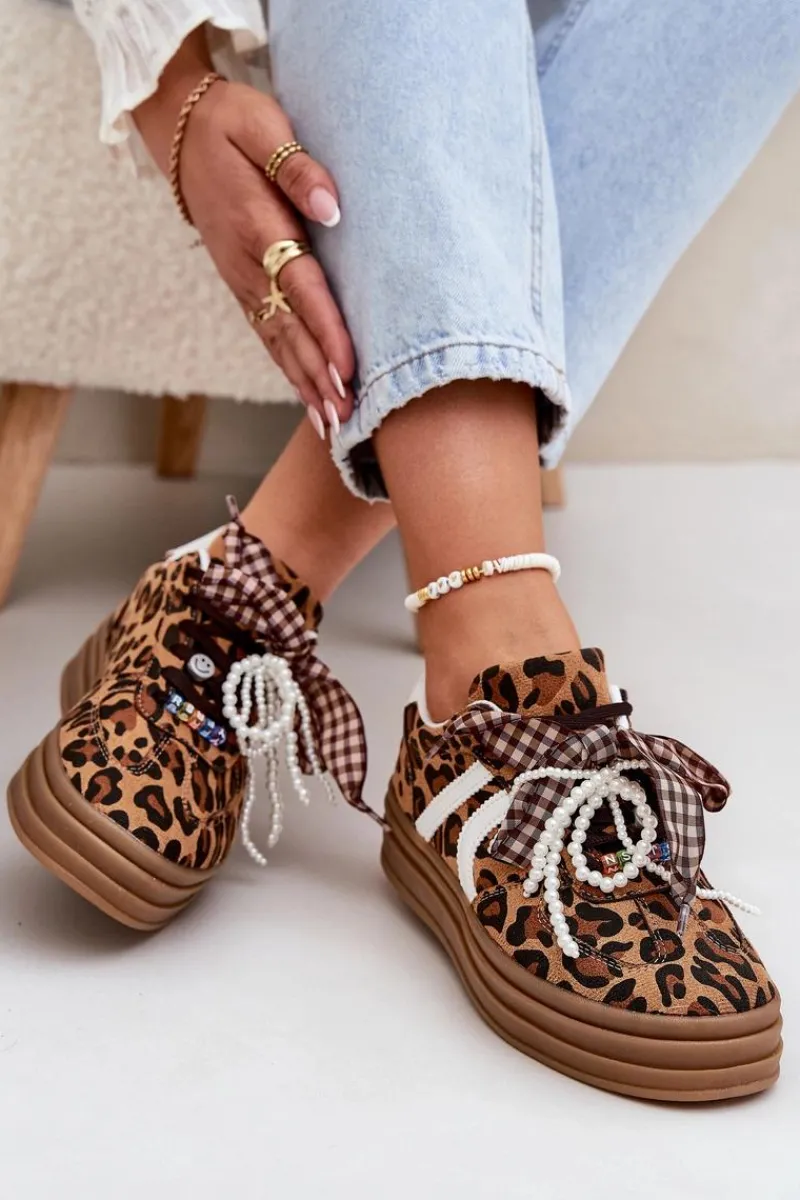 Buty Sportowe Na Platformie|Sneakersy Damskie>Boto Sneakersy Damskie W Panterkę Na Platformie Z Ozdobami Brązowe Vinness Brązowy