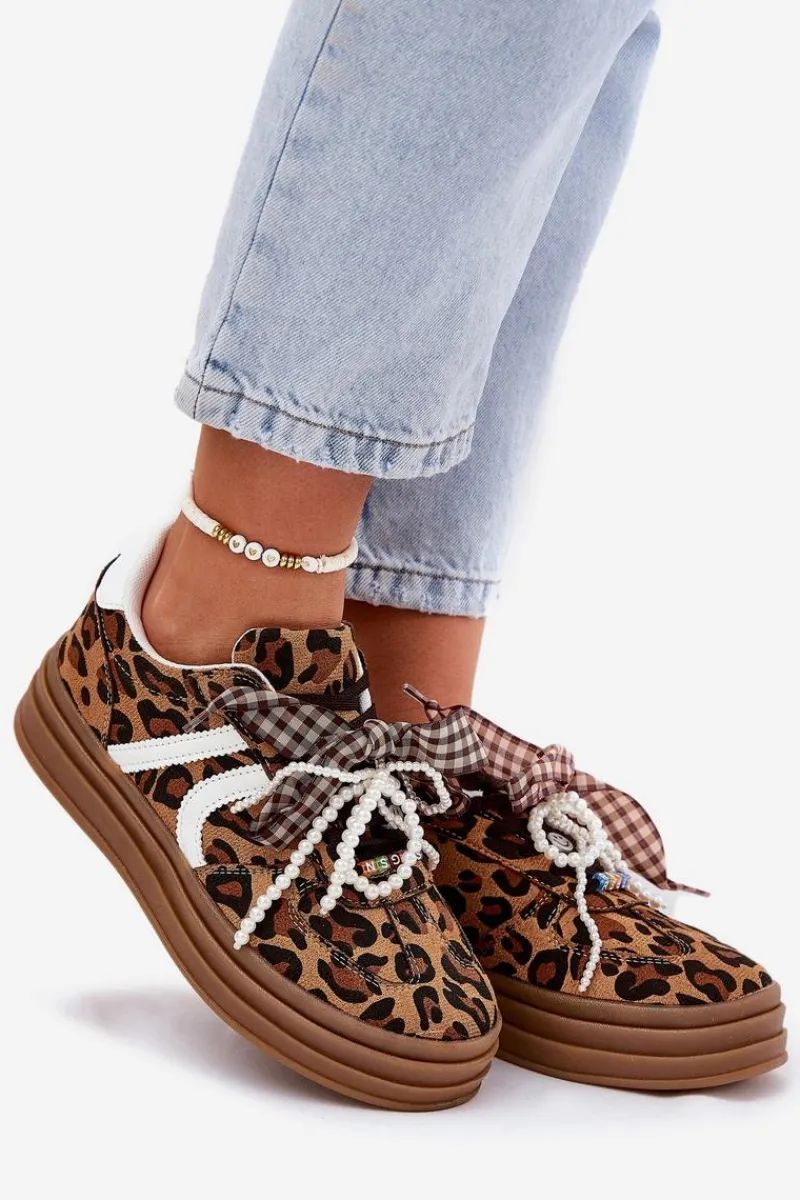 Buty Sportowe Na Platformie|Sneakersy Damskie>Boto Sneakersy Damskie W Panterkę Na Platformie Z Ozdobami Brązowe Vinness Brązowy