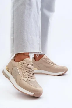INBLU Sneakersy Damskie Z Brokatem I Suwakiem IN000365 Beżowe